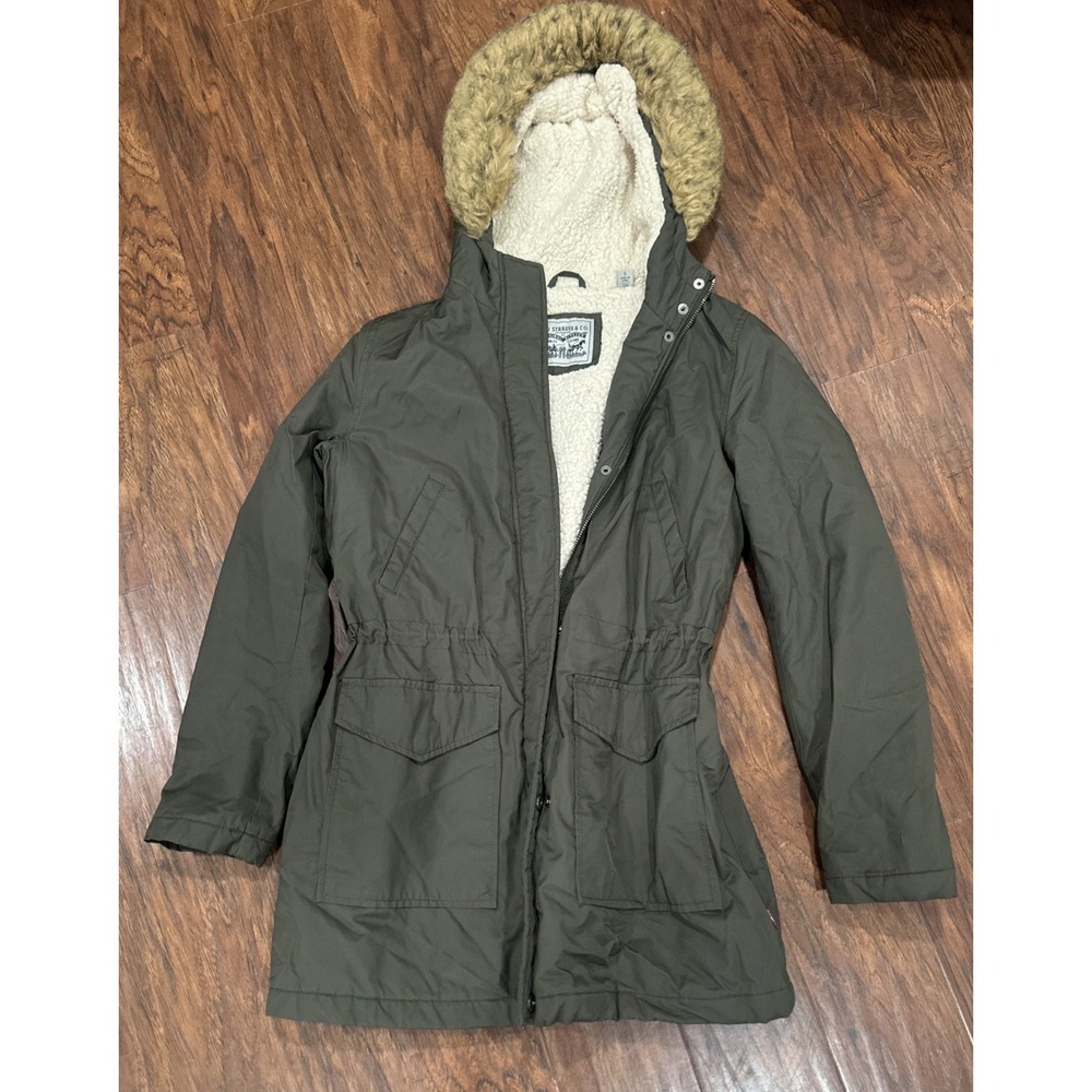 Levi's Women's Size Small Sherpa Lined Parka Green Jacket Faux Fur Trimmed Hood